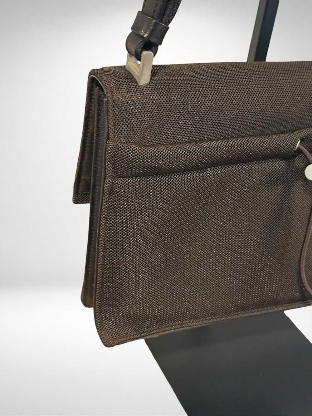 PRADA 1999 Runway Mesh Leather Shoulder Bag Brown Adjustable Vintage Italy - Picture 7 of 15